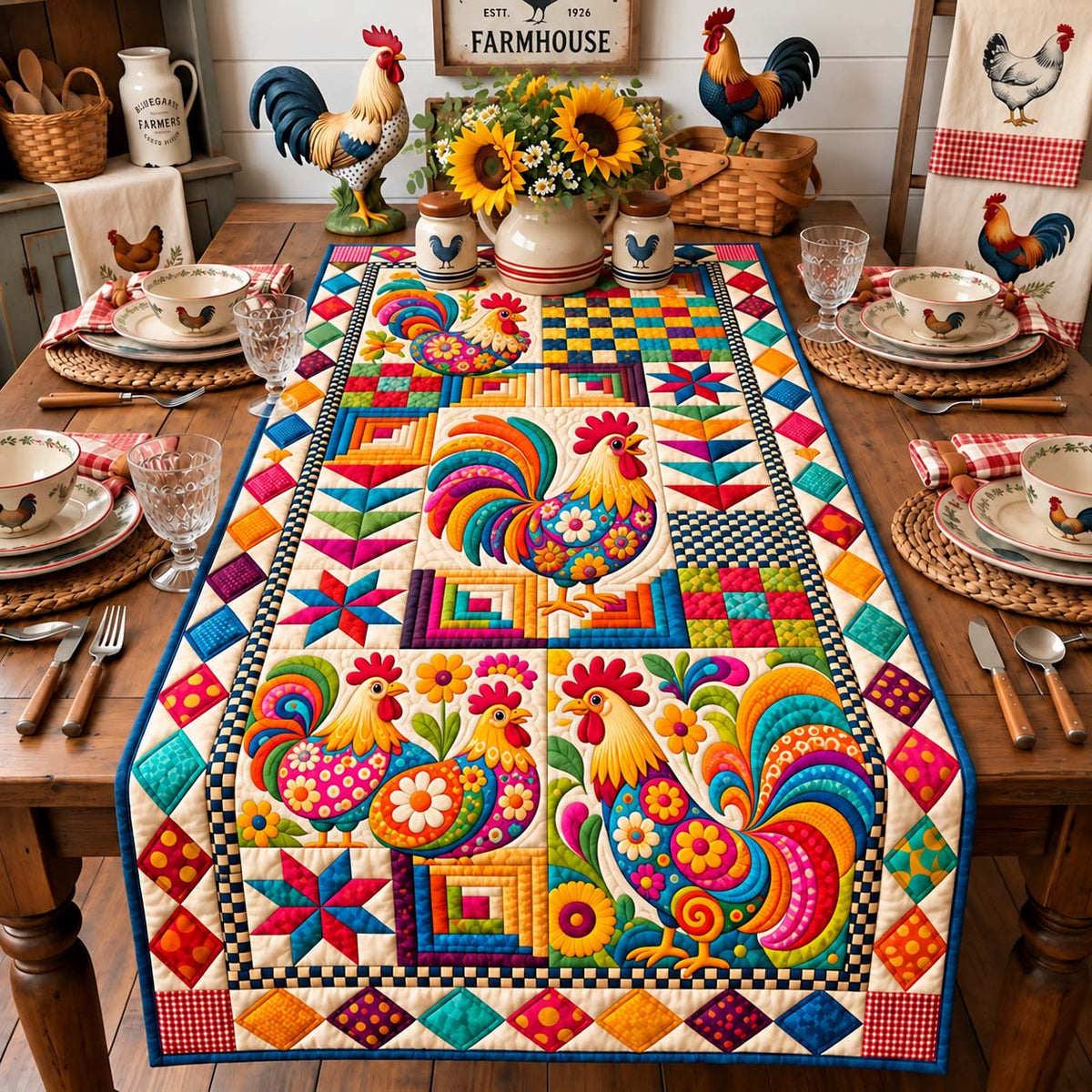 Farmhouse Rooster Patchwork Quilted Table Runner GFTONTD3564