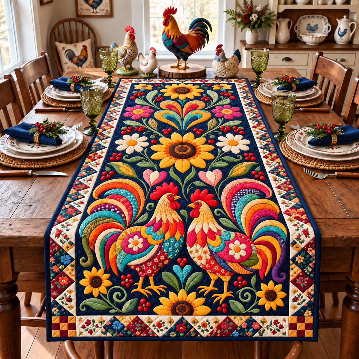 Midnight Rooster Bloom Quilted Table Runner GFTONTD3565