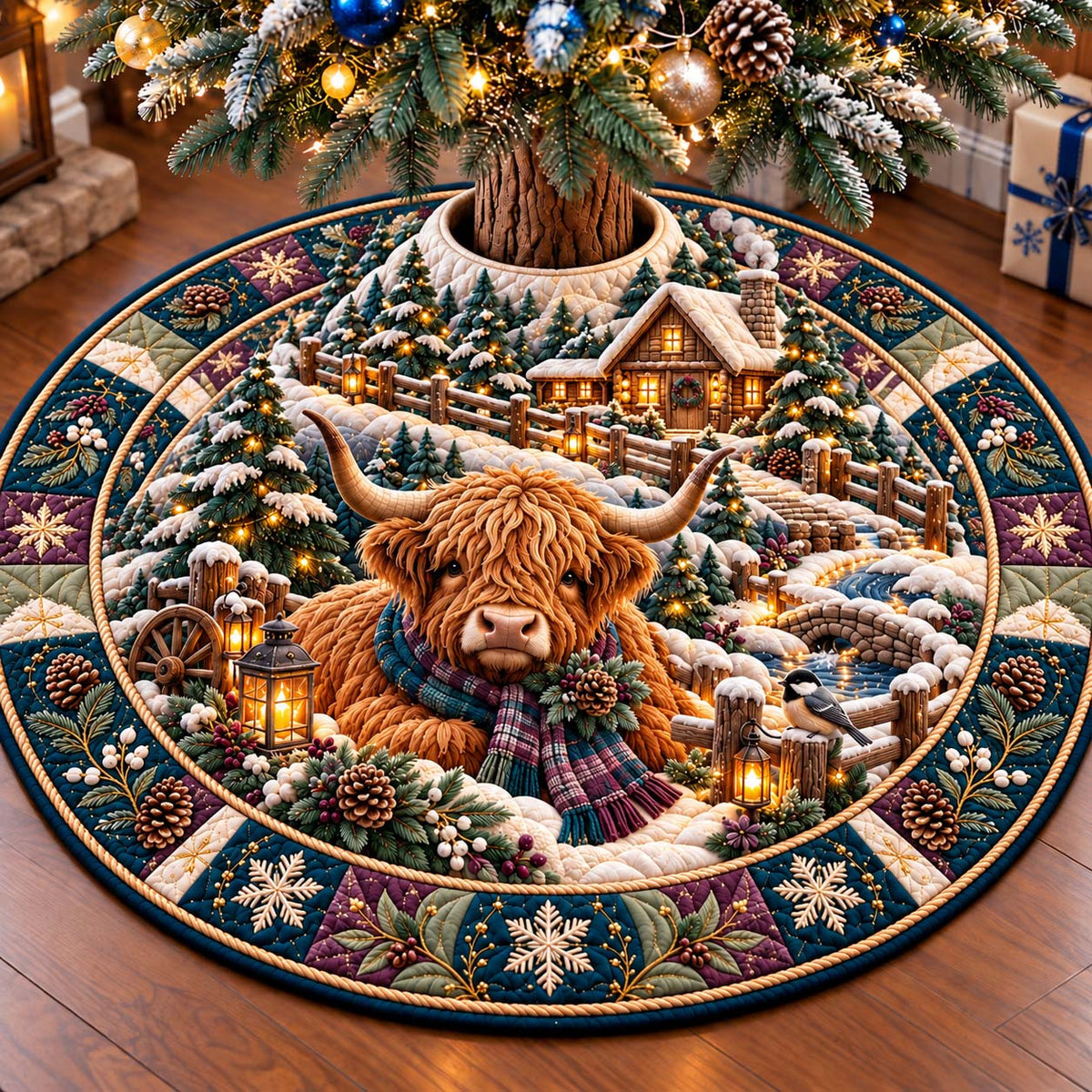 Highland Winter Cottage Quilted Tree Skirt GFTONTD3578