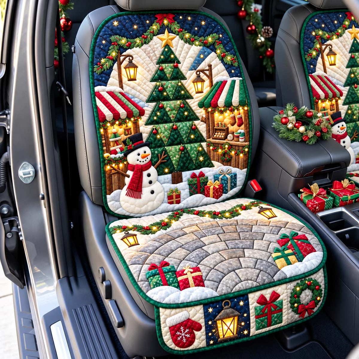 Christmas Market Snowman Quilted Car Seat Protector GFTONTD3650