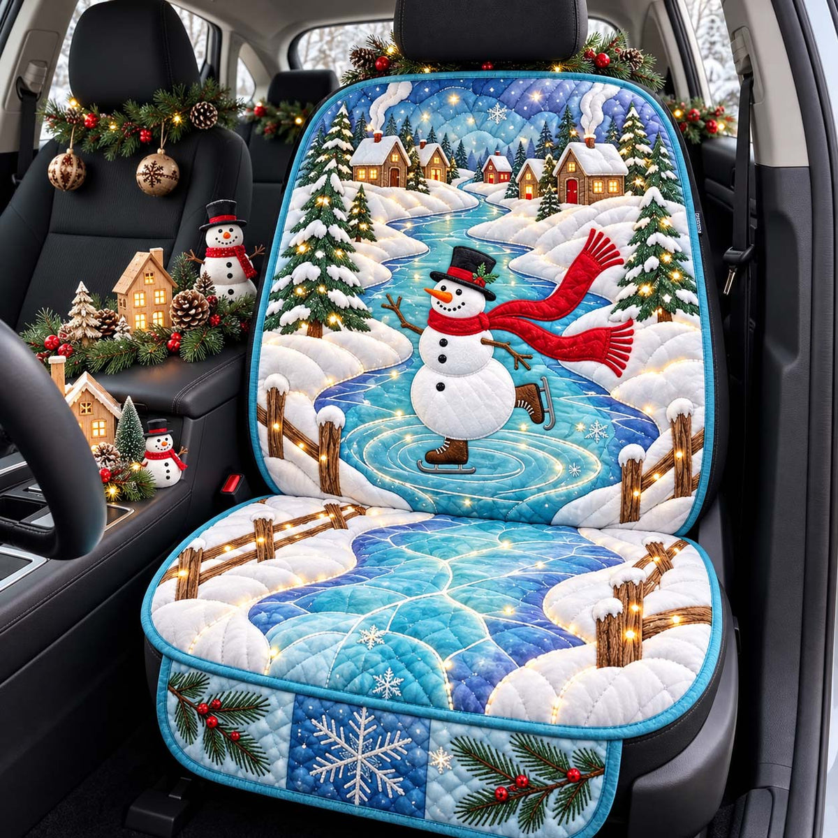 Skating Snowman Village Quilted Car Seat Protector GFTONTD3654