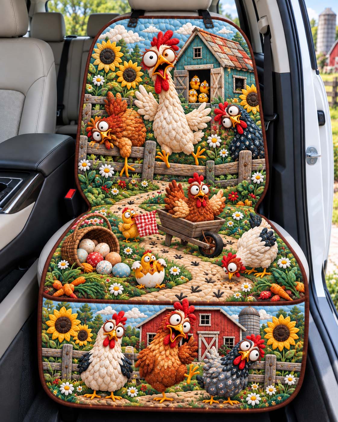 Chicken Cart Mayhem Quilted Car Seat Protector GFTONTD3708