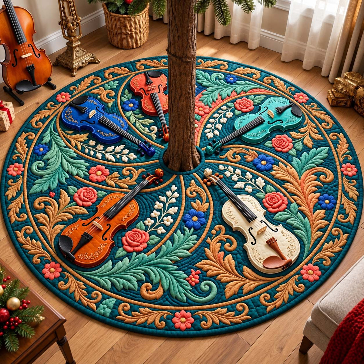 Teal Floral Melody Quilted Tree Skirt GFTONTD3802
