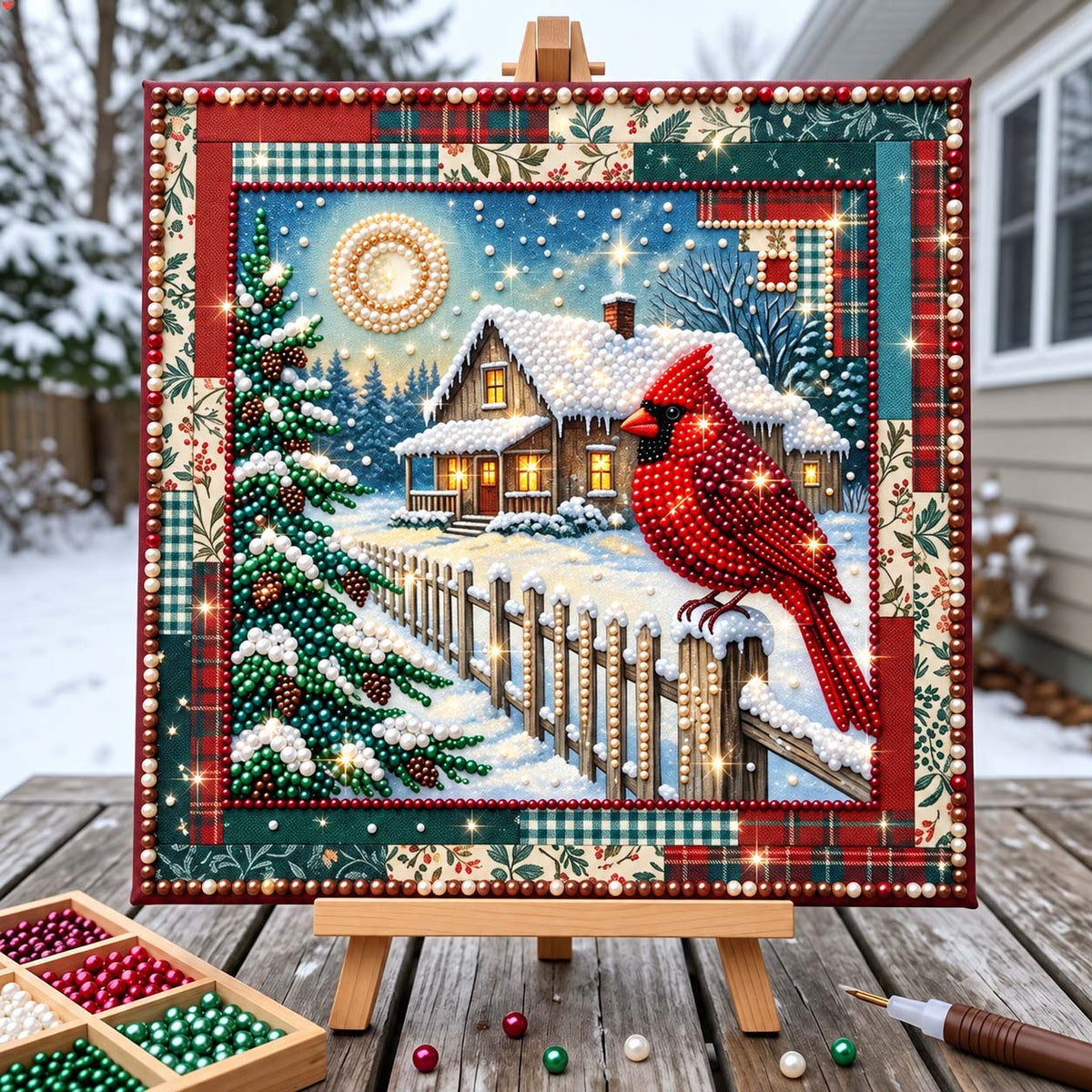 Snowy Cardinal Cottage DIY Diamond Pearl Art Kit GFTONTD4527