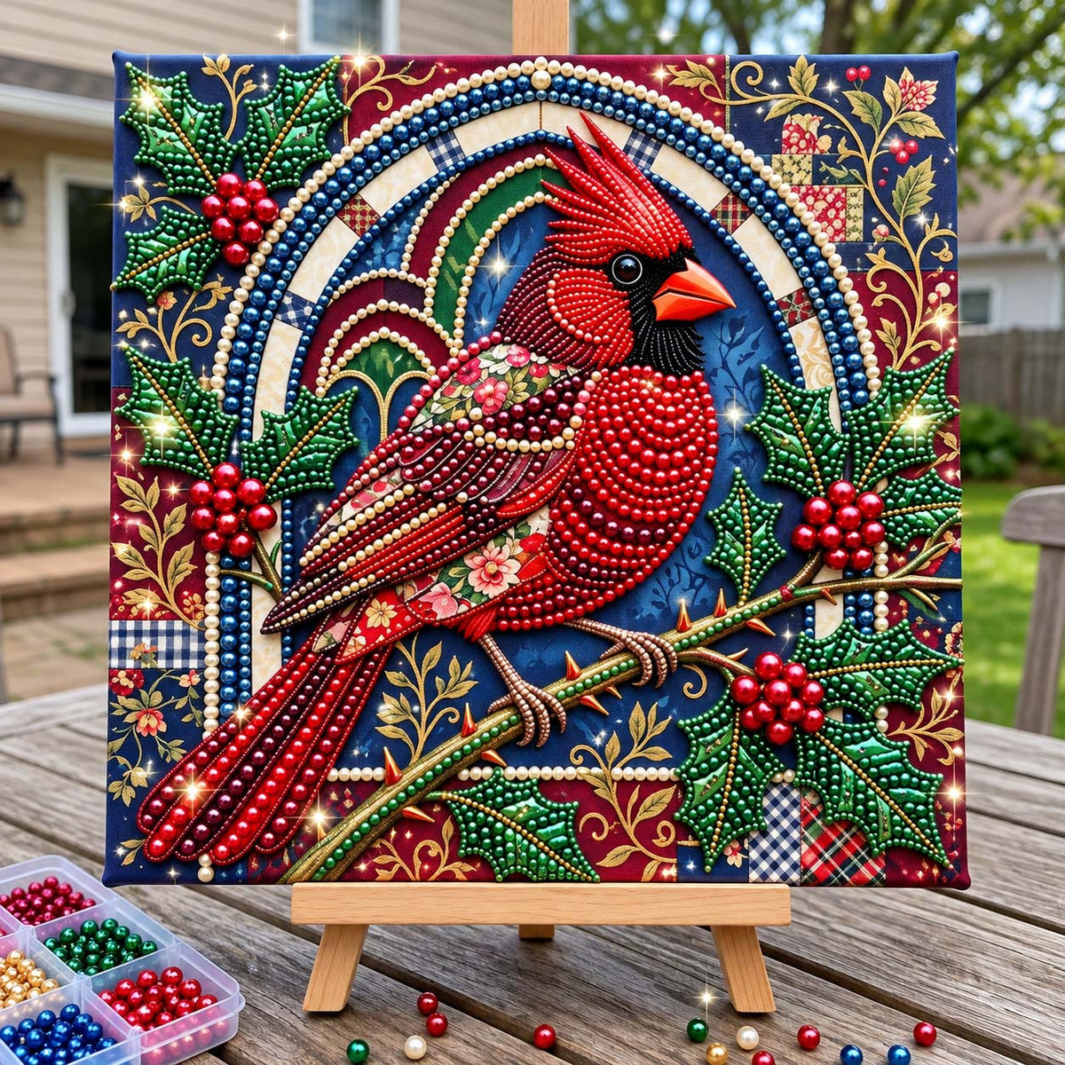 Christmas Holly Cardinal DIY Diamond Pearl Art Kit GFTONTD4529