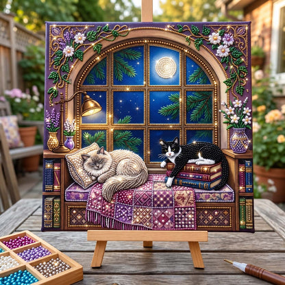 Moonlit Reading Cats DIY Diamond Pearl Art Kit GFTONTD4533