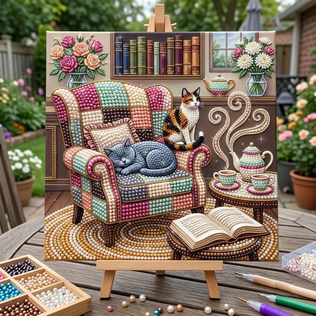 Cozy Tea Reading Cats DIY Diamond Pearl Art Kit GFTONTD4535