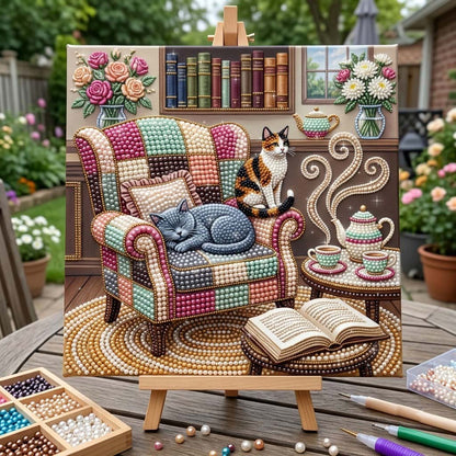 Cozy Tea Reading Cats DIY Diamond Pearl Art Kit GFTONTD4535