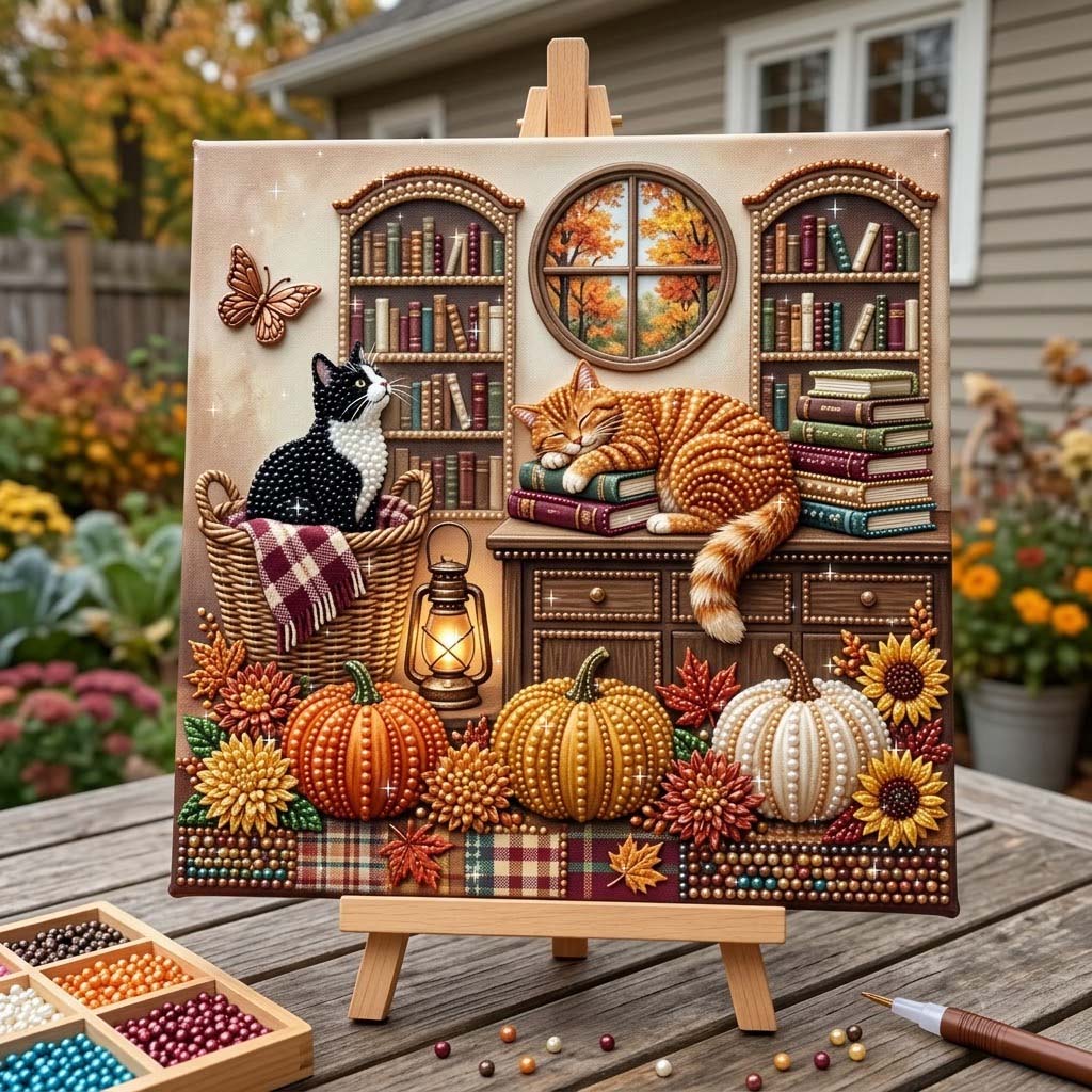 Autumn Library Cats DIY Diamond Pearl Art Kit GFTONTD4537