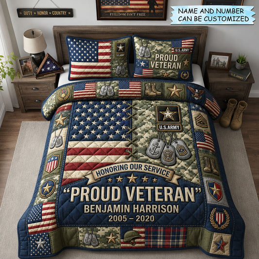 Personalized Proud Veteran 3-Piece Quilted Bedding Set QTCUZ GFTOPND1296
