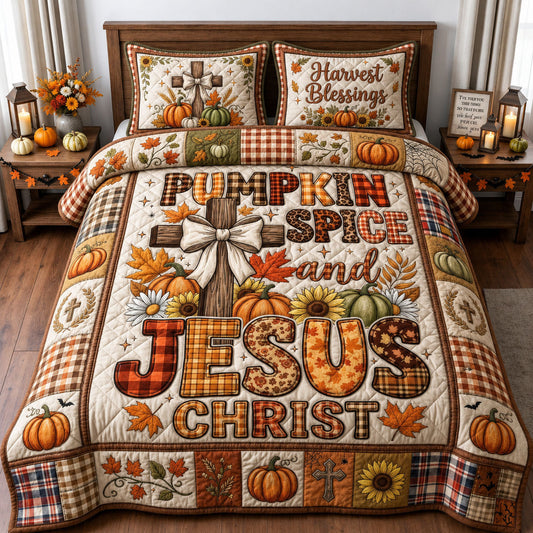 Pumpkin Spice And Jesus 3-Piece Quilted Bedding Set GFTOPND1455