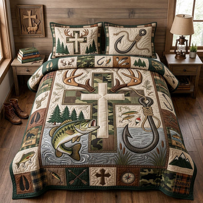 Christian Fishing Hunting 3-Piece Quilted Bedding Set GFTOPND1545