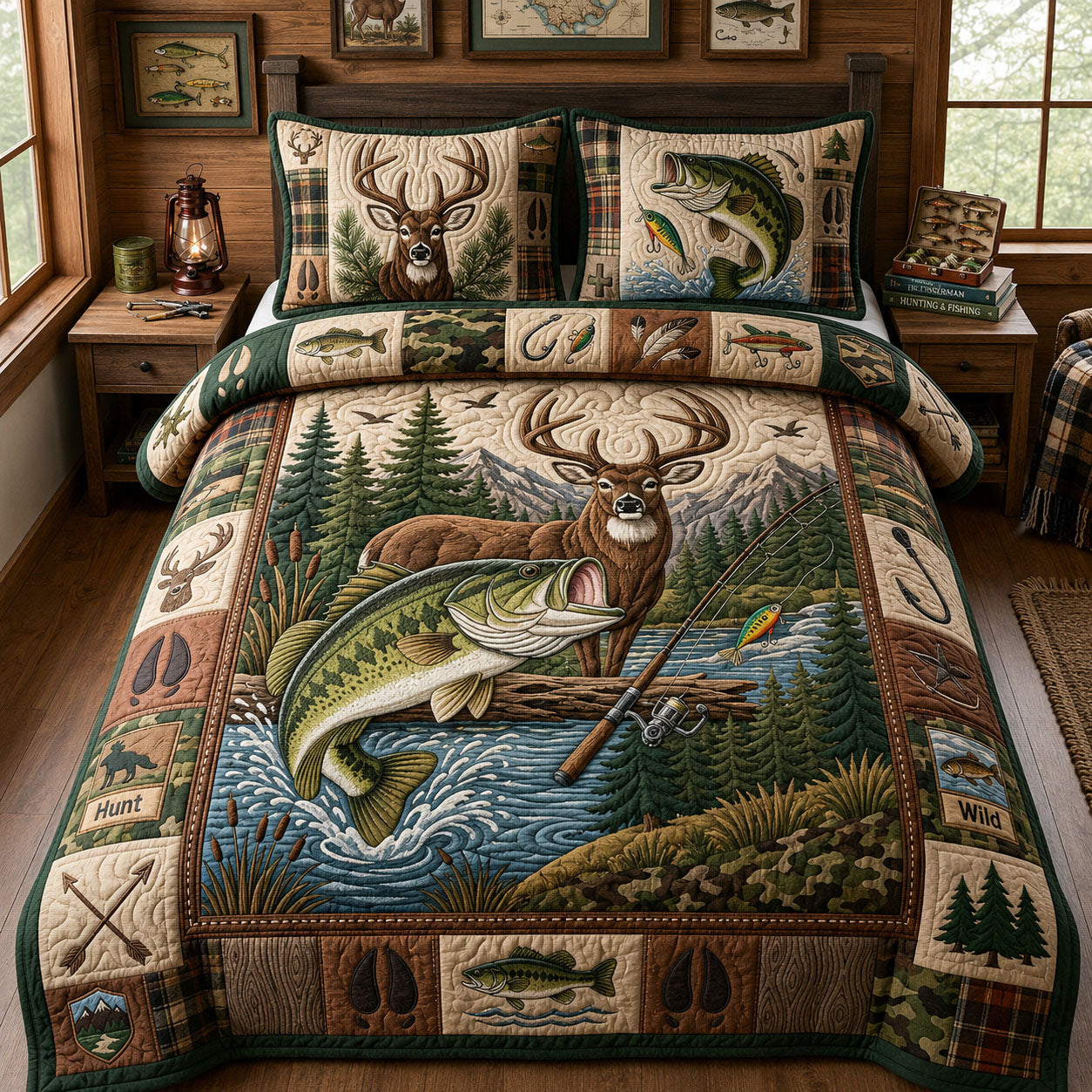 Hunting And Fishing 3-Piece Quilted Bedding Set GFTOPND1548