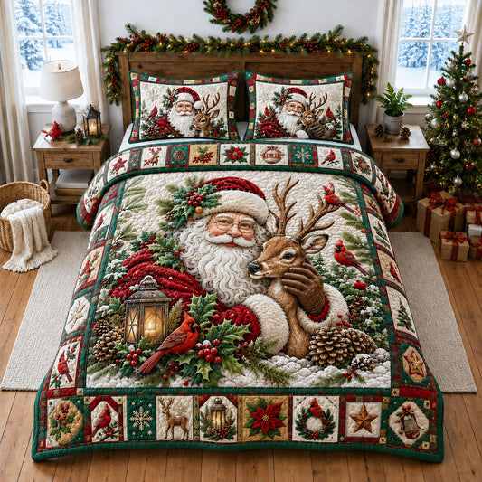 Reindeer And Santa 3-Piece Quilted Bedding Set GFTOPND1714