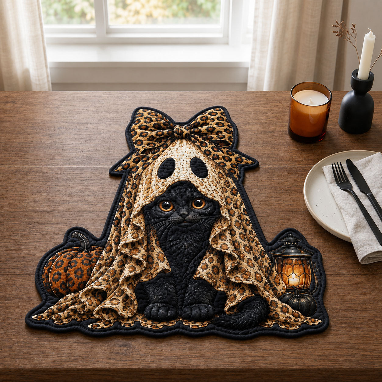 Black Cat Ghost Halloween Custom Shape Quilted Placemat GFTOPND1776