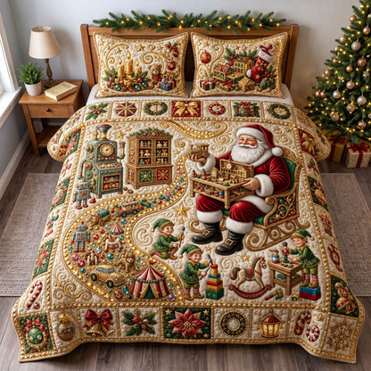Jeweled Santa Toys 3-Piece Quilted Bedding Set GFTOPND1884