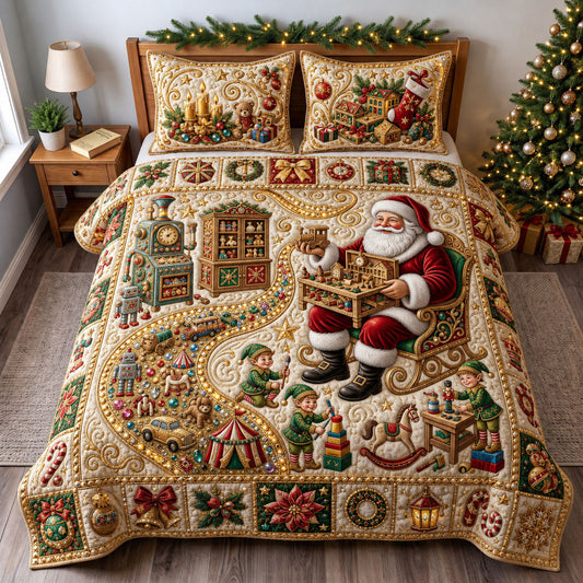 Jeweled Santa Toys 3-Piece Quilted Bedding Set GFTOPND1884