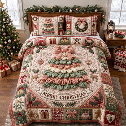 Merry Christmas Crochet 3-Piece Quilted Bedding Set GFTOPND1973