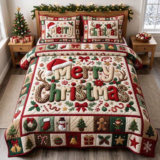 Merry Christmas Crochet 3-Piece Quilted Bedding Set GFTOPND1974