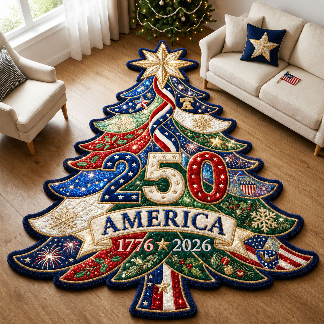 Glitter Patriotic Christmas Tree Custom Shape Area Rug GFTOPND1983