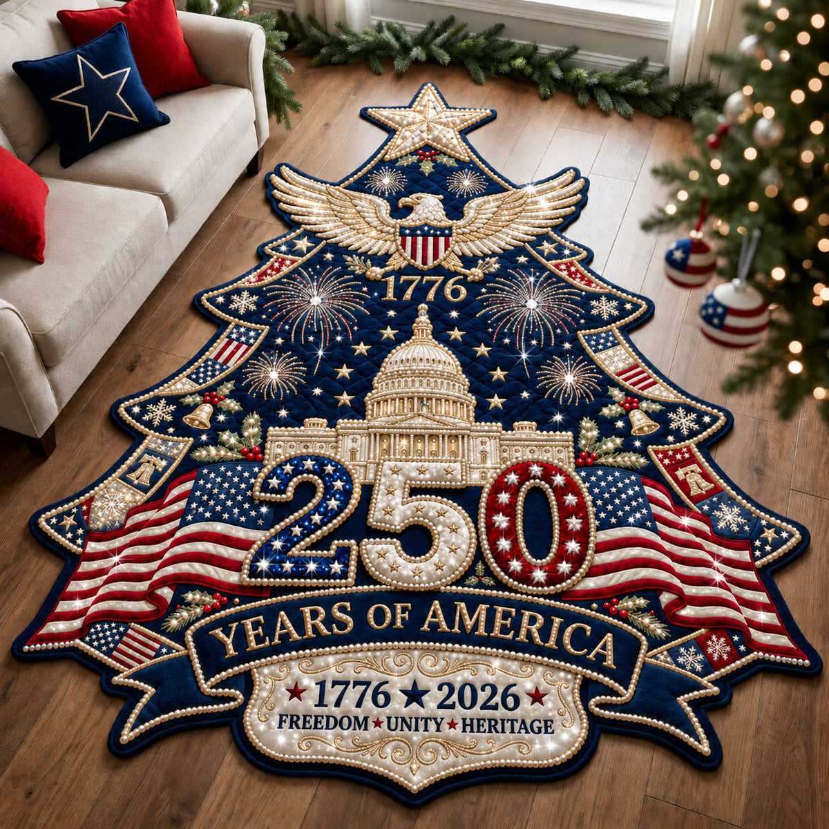 Sparkly Patriotic Christmas Tree Custom Shape Area Rug GFTOPND1984