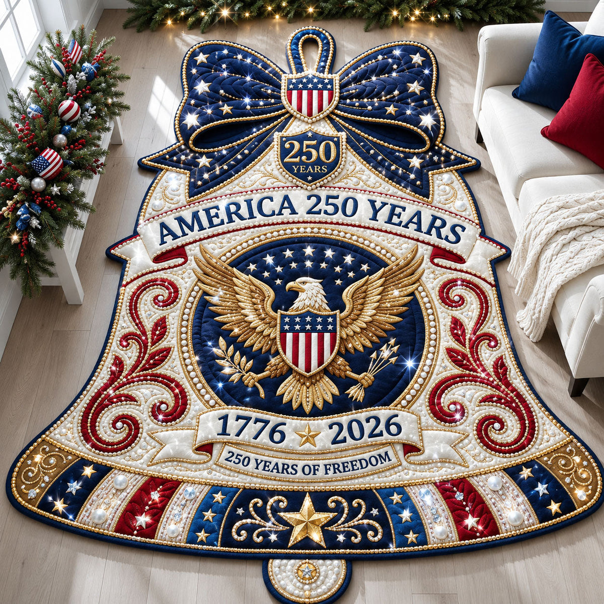 Sparkly Patriotic Christmas Bell Custom Shape Area Rug GFTOPND1985