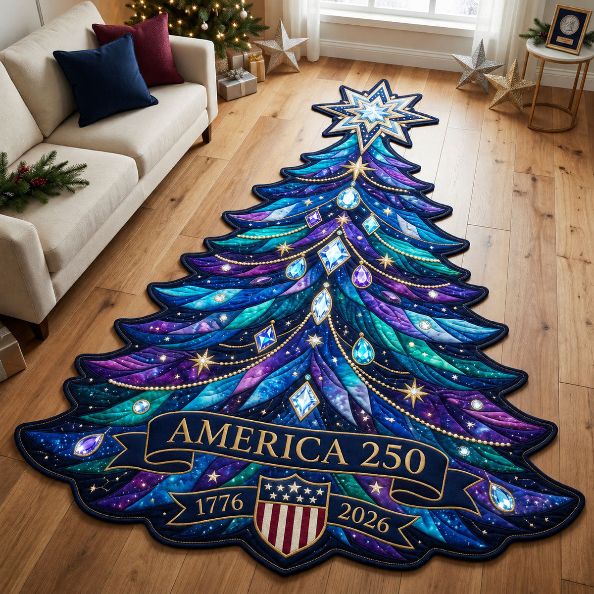 Jeweled Patriotic Christmas Tree Custom Shape Area Rug GFTOPND1986