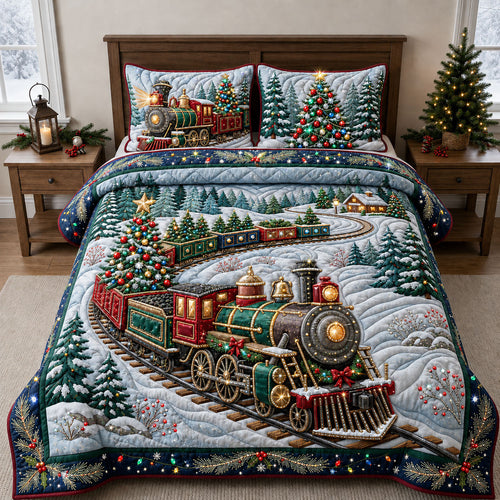 Jeweled Christmas Train 3-Piece Quilted Bedding Set GFTOPND2033