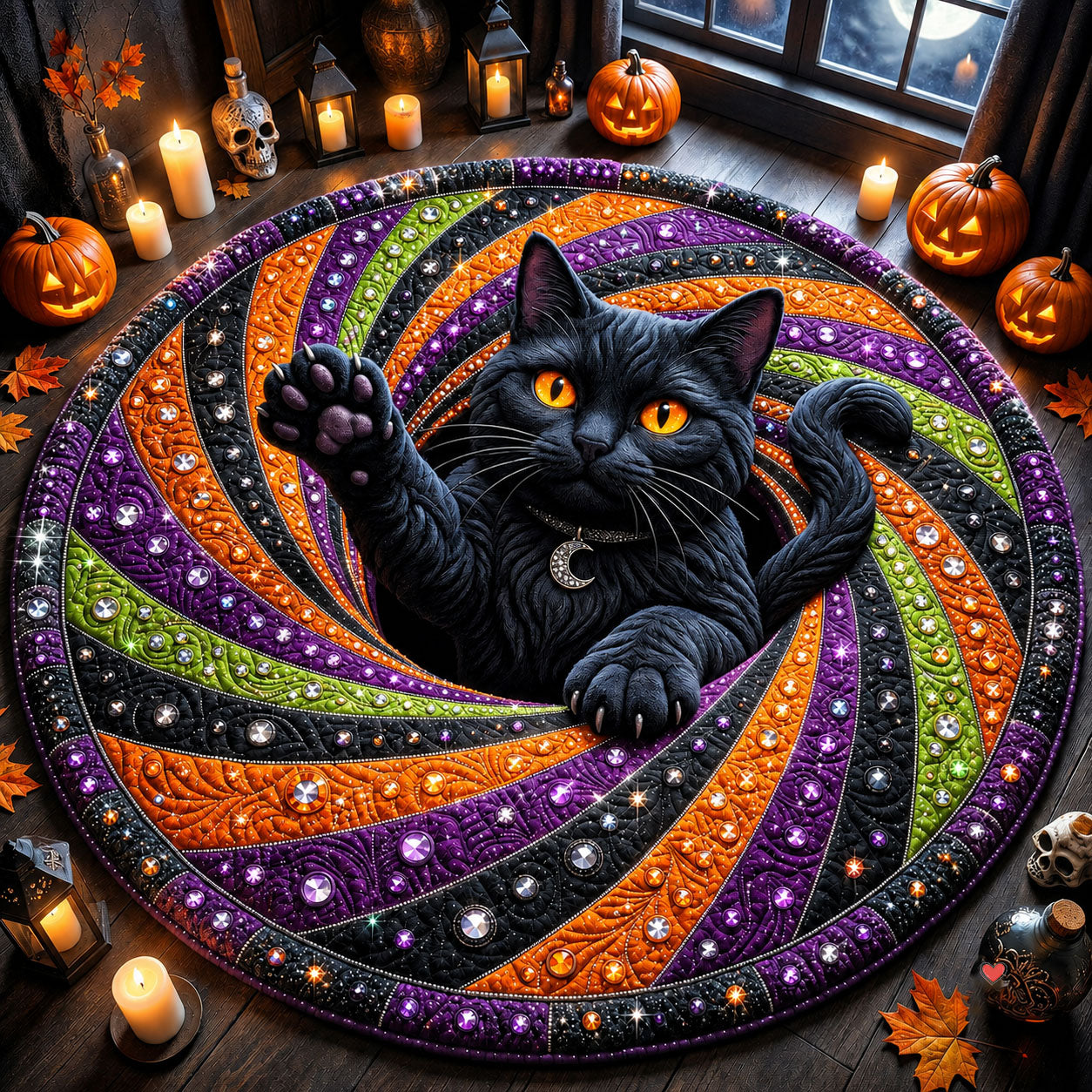 Jeweled Black Cat Quilted Round Mat GFTOPND2128