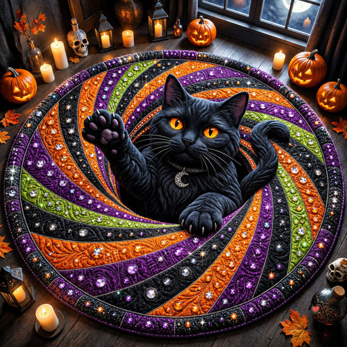 Jeweled Black Cat Quilted Round Mat GFTOPND2128