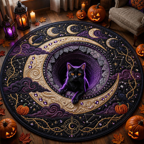 Jeweled Black Cat Moon Abyss Quilted Round Mat GFTOPND2129
