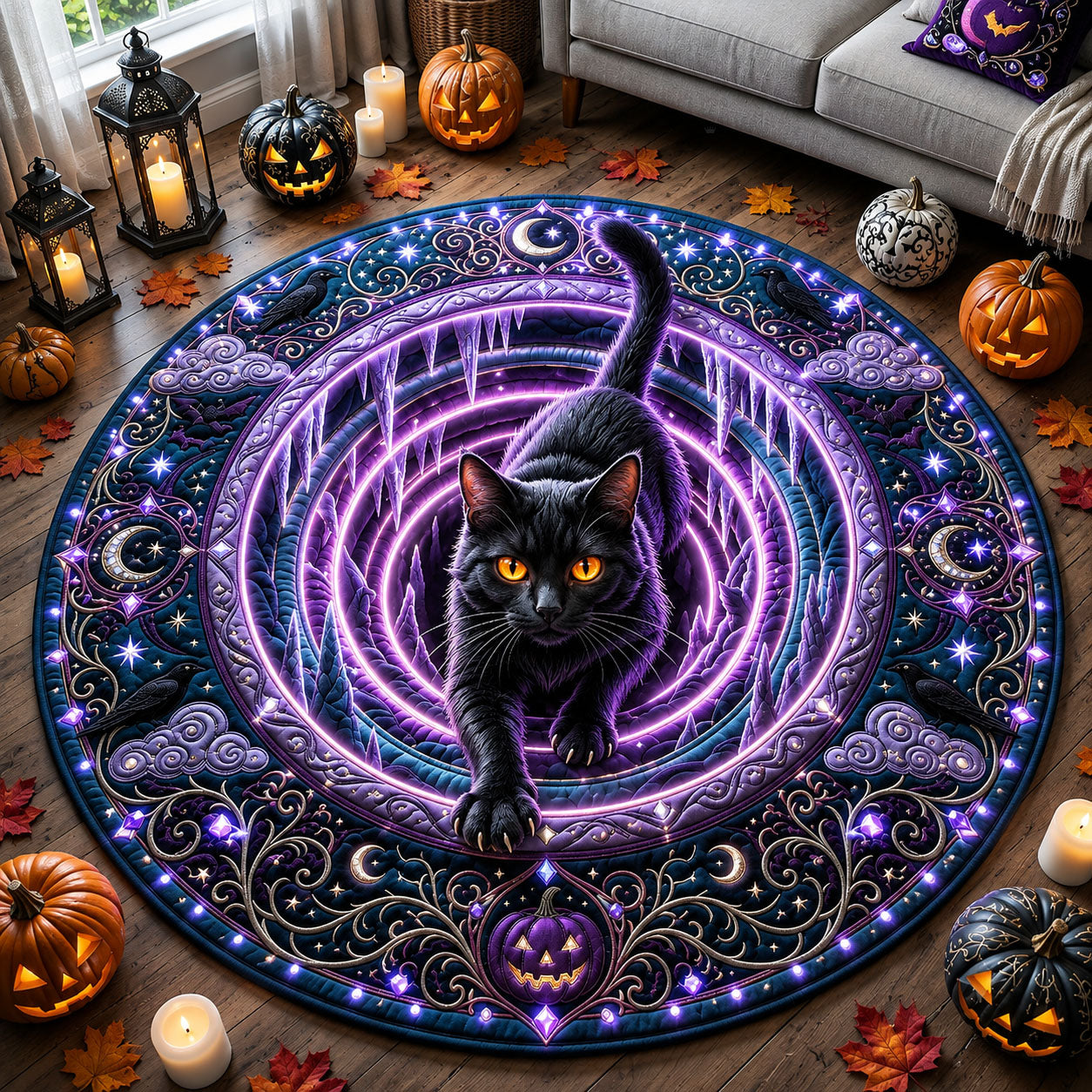 Jeweled Black Cat Quilted Round Mat GFTOPND2133