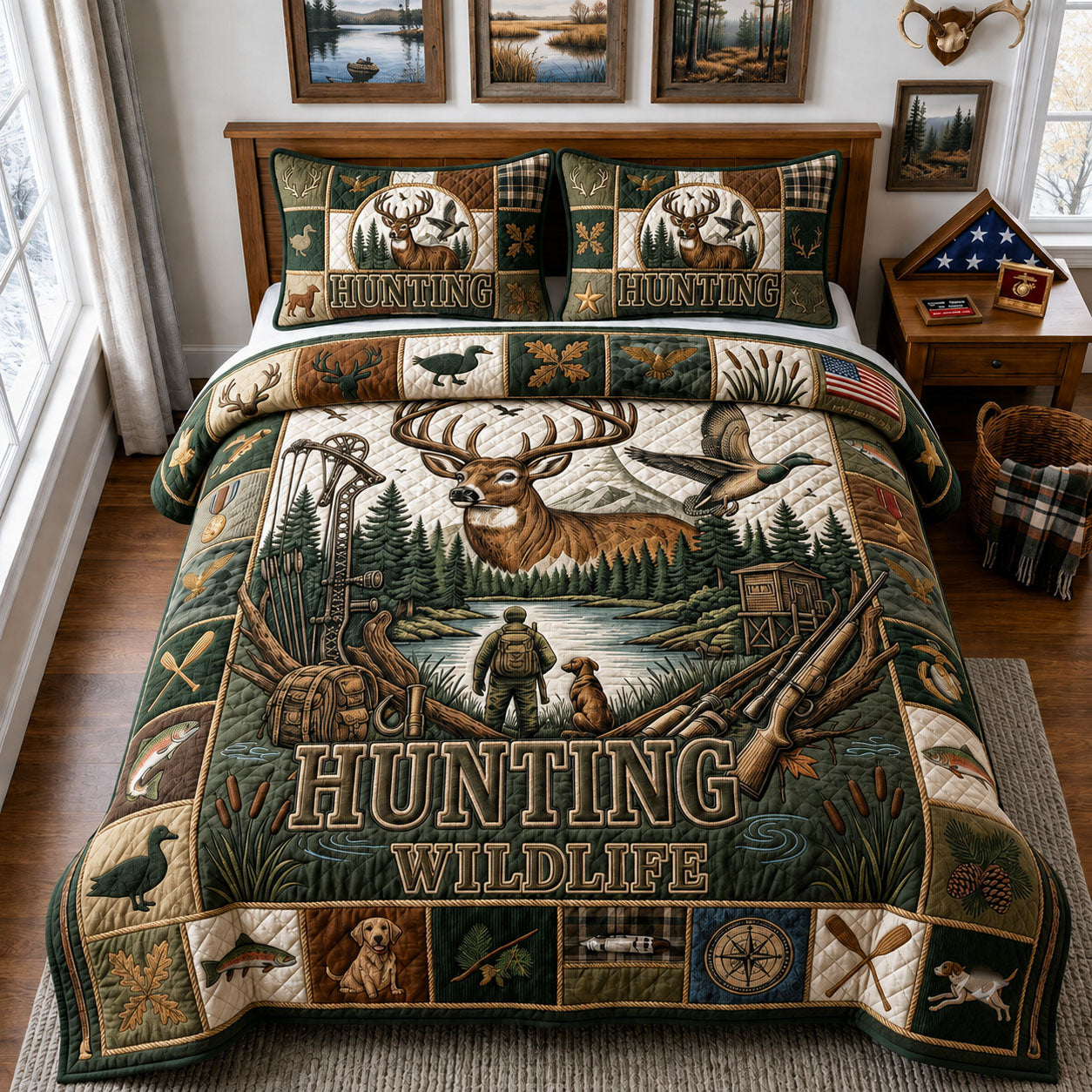 Hunting Wildlife 3-Piece Quilted Bedding Set GFTOPND2251
