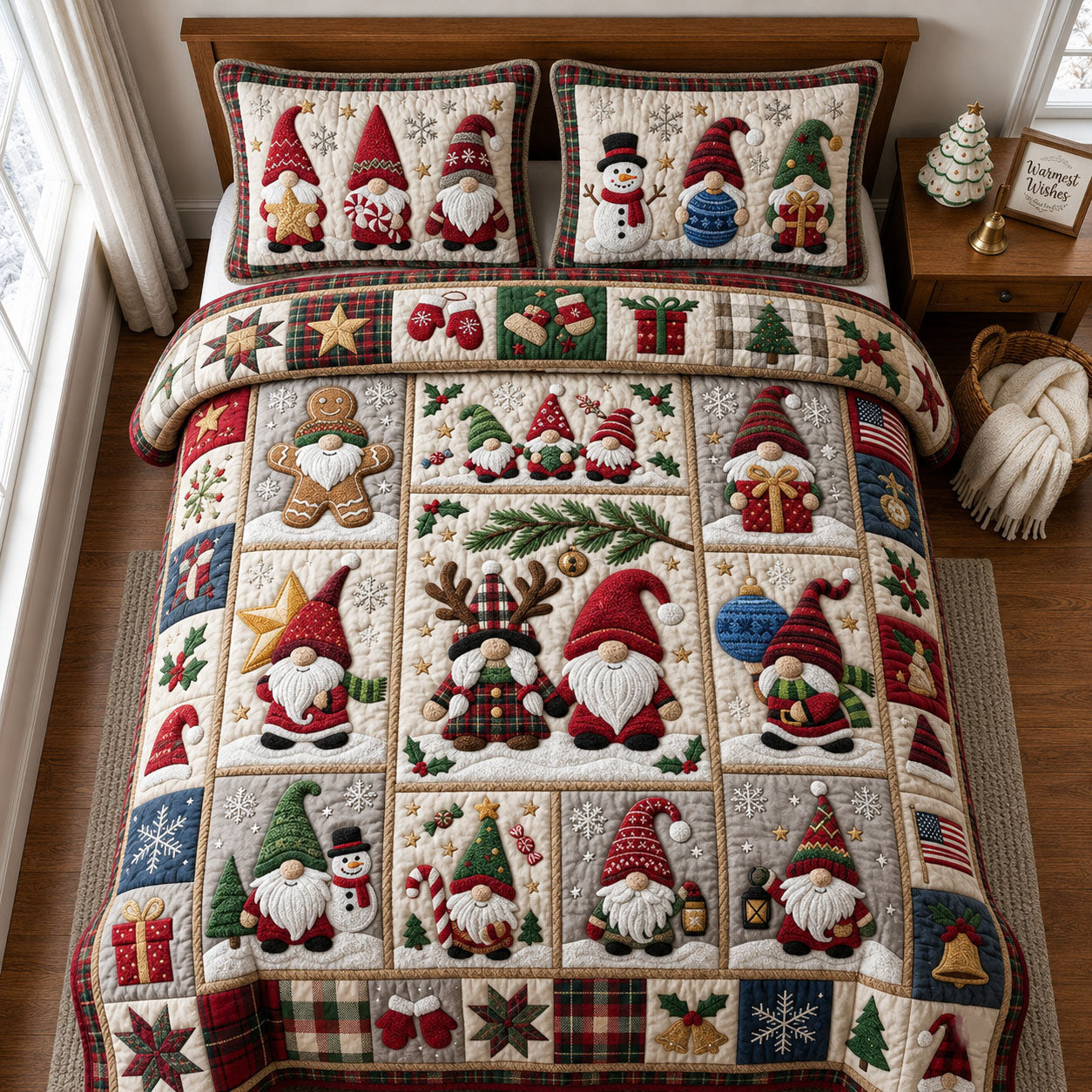 Christmas Gnomes 3-Piece Quilted Bedding Set GFTOPND2394