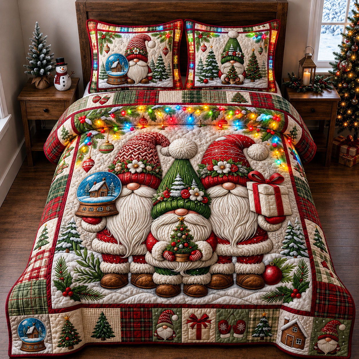 Christmas Gnomes Trio 3-Piece Quilted Bedding Set GFTOPND2395