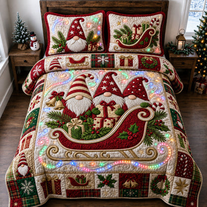 Christmas Gnome Sleigh 3-Piece Quilted Bedding Set GFTOPND2397