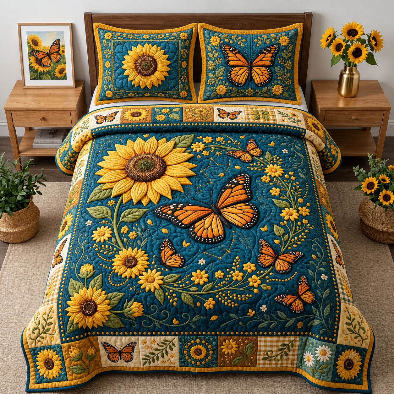Sunflower Butterfly 3-Piece Quilted Bedding Set GFTOPND2431