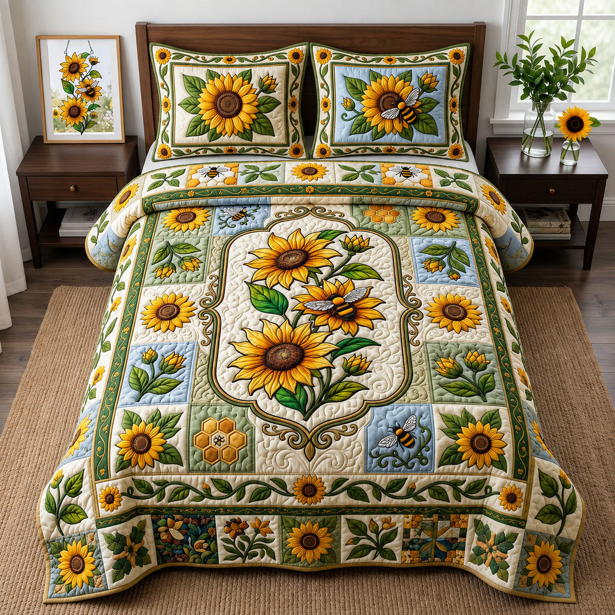 Sunflower Bee 3-Piece Quilted Bedding Set GFTOPND2432