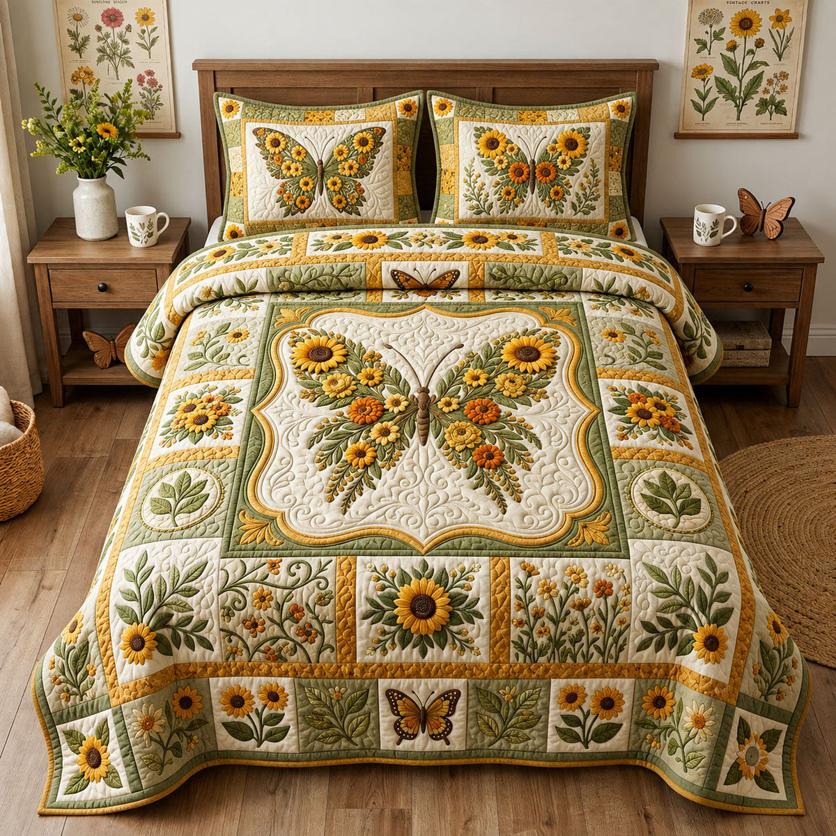 Sunflower Butterfly 3-Piece Quilted Bedding Set GFTOPND2434