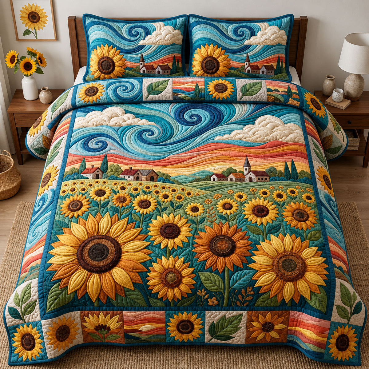 Sunflower Field 3-Piece Quilted Bedding Set GFTOPND2435