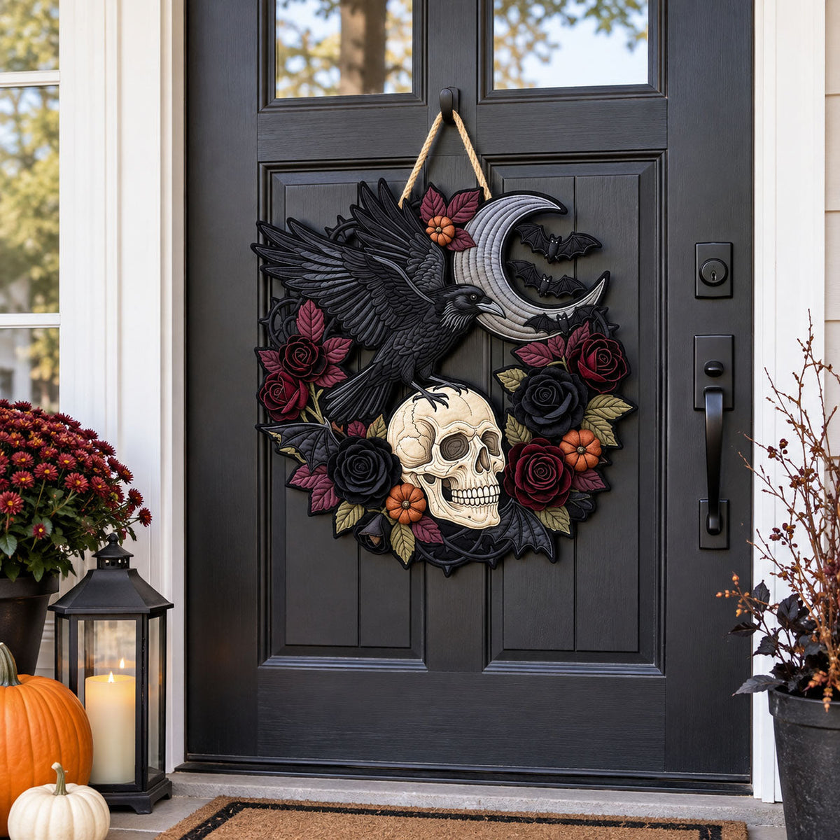 Black Skull Crow Custom Shape Quilted Door Hanger GFTOPND2494