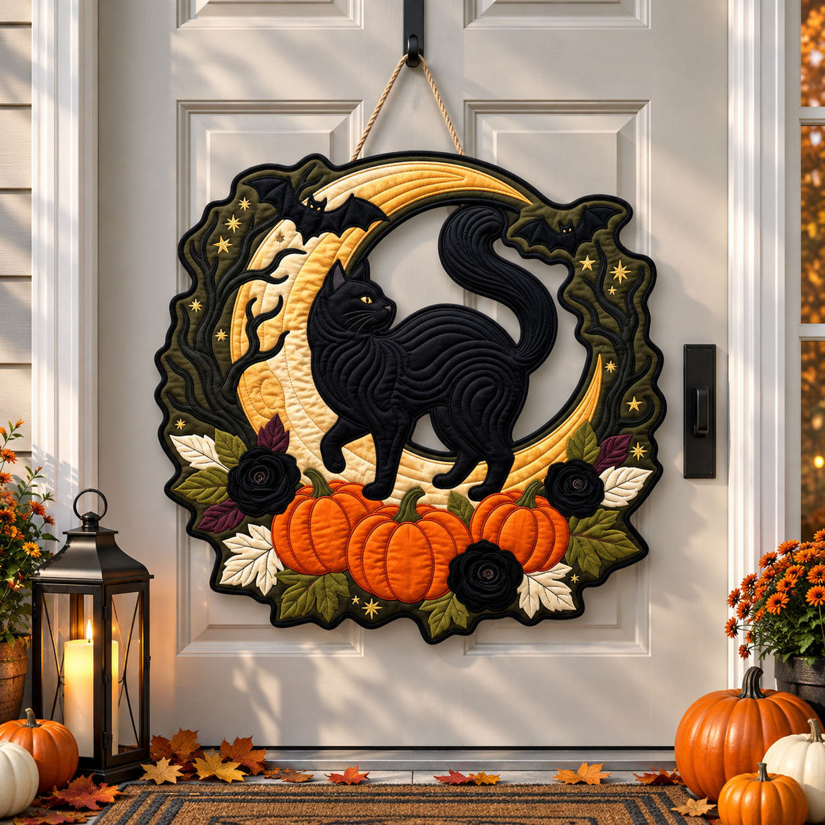 Black Cat Moon Custom Shape Quilted Door Hanger GFTOPND2495