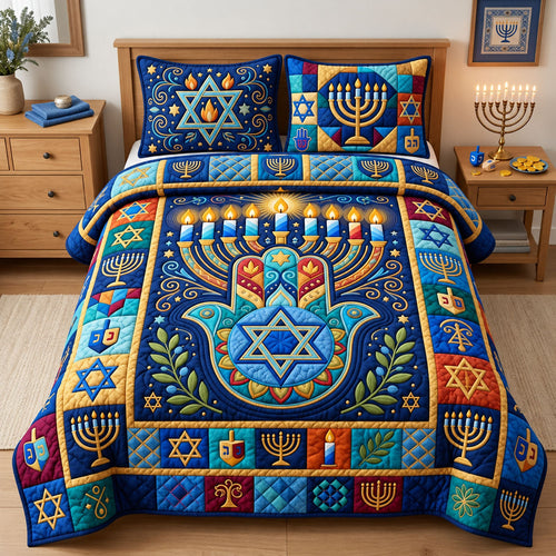 Hamsa Star of David 3-Piece Quilted Bedding Set GFTOPND2518