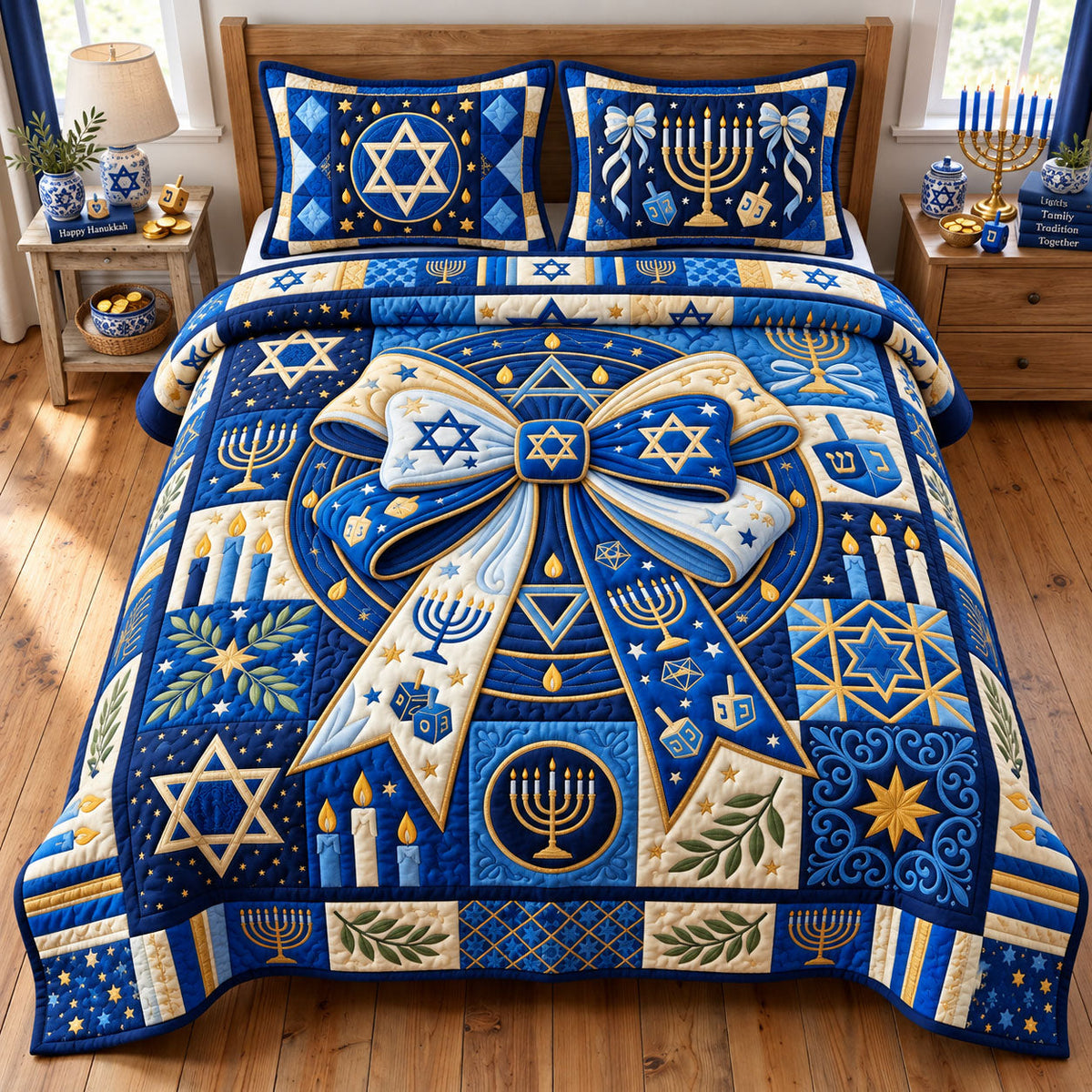 Hanukkah Bows 3-Piece Quilted Bedding Set GFTOPND2520