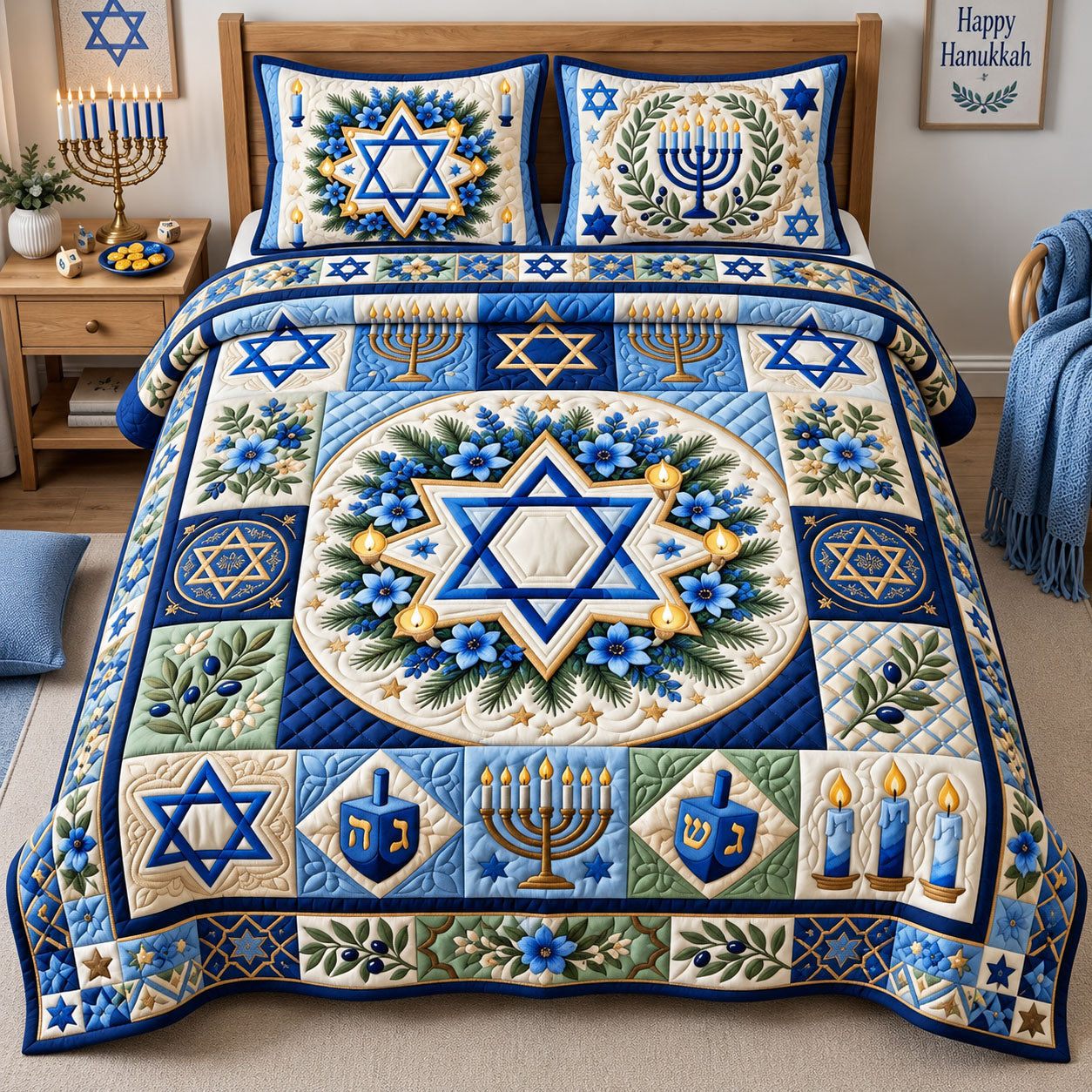 Floral Hanukkah 3-Piece Quilted Bedding Set GFTOPND2521
