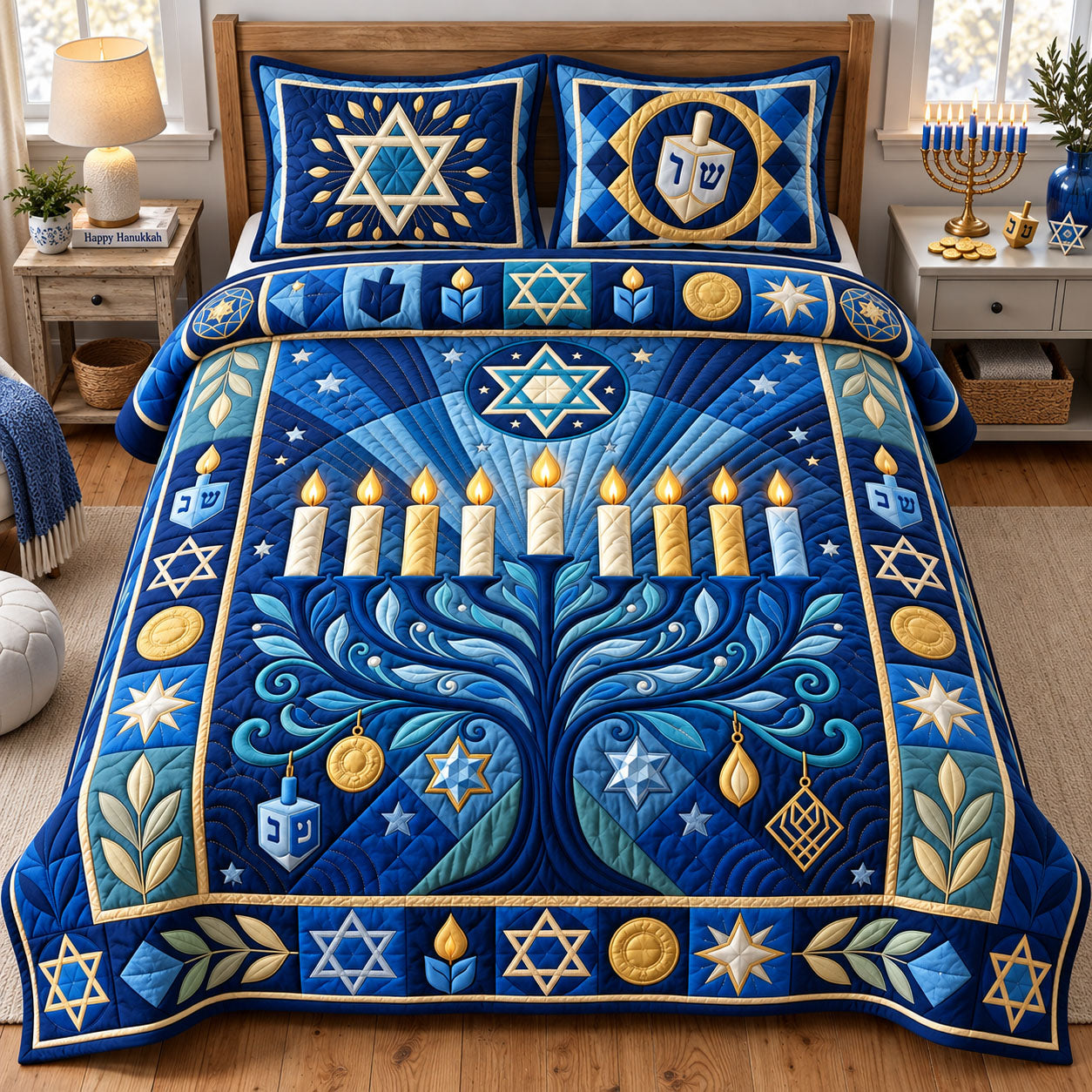 Happy Hanukkah 3-Piece Quilted Bedding Set GFTOPND2524