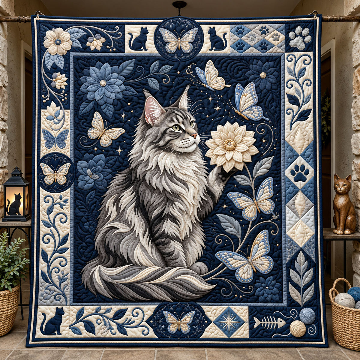 Whimsical Kitten Butterfly Quilted Blanket GFTOPND2531
