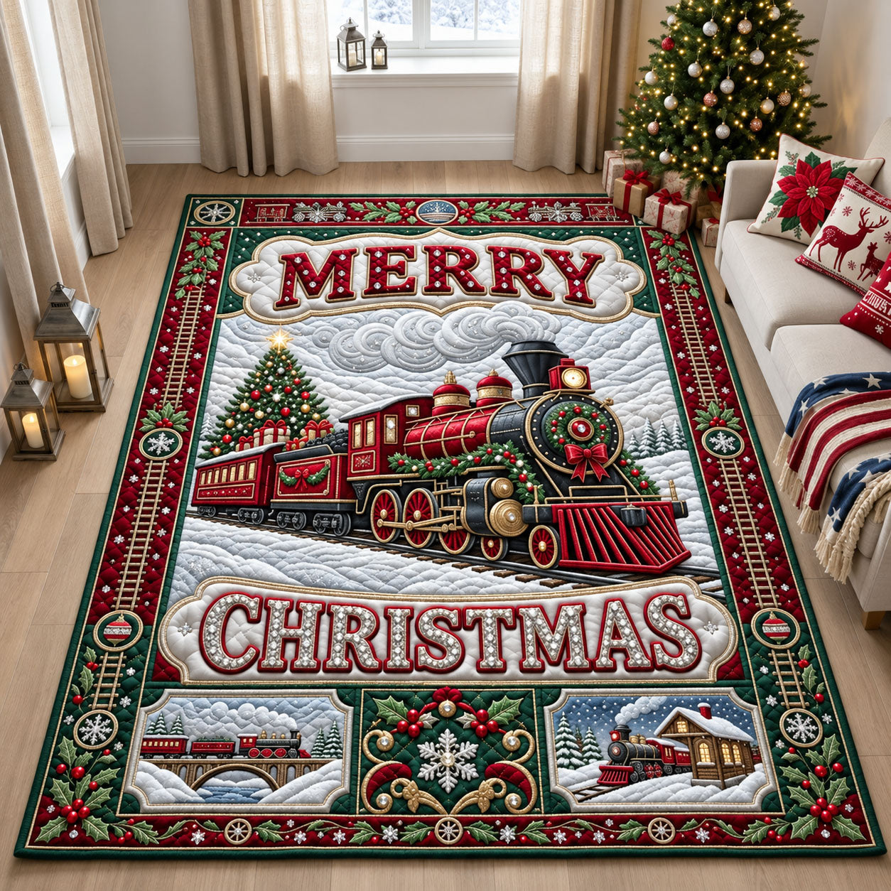 Jeweled Merry Christmas Train Area Rug GFTOPND2569