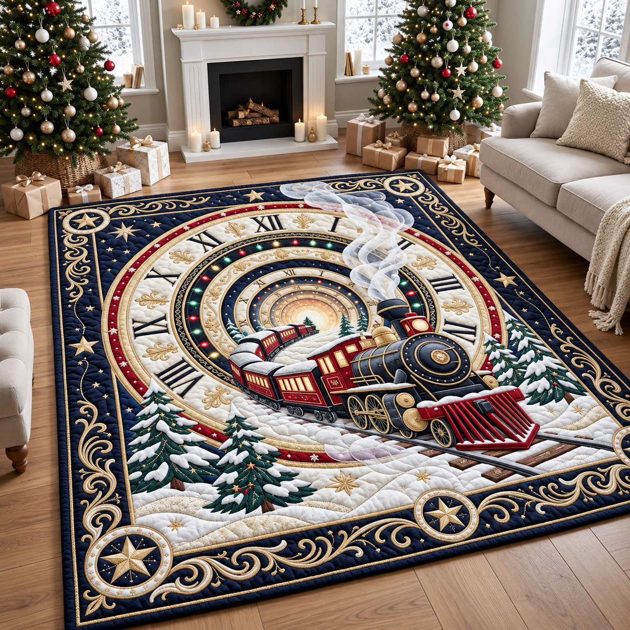Christmas Train Clock Area Rug GFTOPND2572