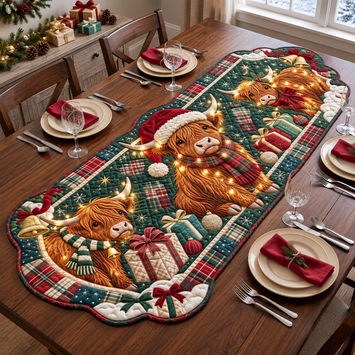 Christmas Highland Cow Custom Shape Quilted Table Runner GFTOPND2574